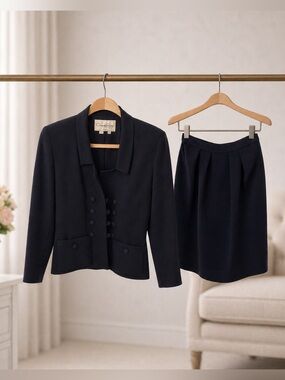 Oscar de la Renta 100% Wool Skirt‎ Suit Navy Blue Made in Italy Size 4